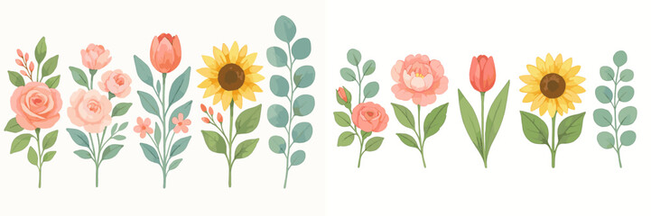 Watercolor floral border with roses, tulips, sunflowers, and eucalyptus leaves