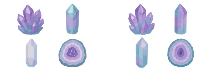 Mystical crystal clusters, points, and geode cross-sections in purple and teal
