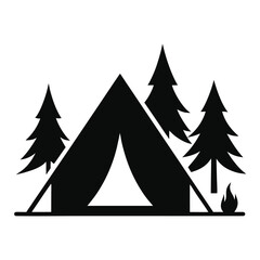 Obraz premium Black Silhouette of a Tent with Pine Trees and a Campfire Keywords: camping, tent, pine trees, campfire, silhouette, outdoor, adventure, nature, travel, wilderness, forest, illustration, vector