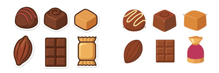 Assortment of chocolate candies, truffles, caramels, bars, and cocoa beans on white background