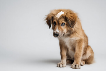 Fototapeta premium Sad injured puppy with bandage on head sitting on floor