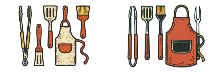 Barbecue grilling tools and apron set, vintage linocut style