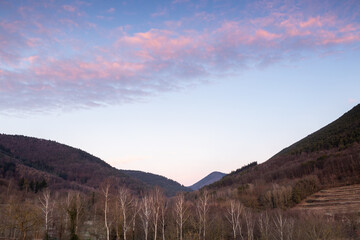 Sonnenaufgang im Modenbachtal in der Pfalz mit Weinbergen und Hügeln des Pfälzerwaldes