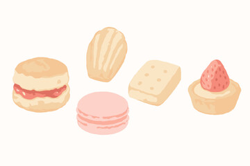 Watercolor style collection of various baked goods including a scone, macaron, madeleine, shortbread, and strawberry tart isolated on a white background