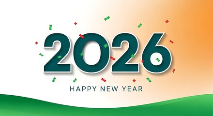 Happy new year 2026 with confetti and green and orange gradient background, festive celebration concept