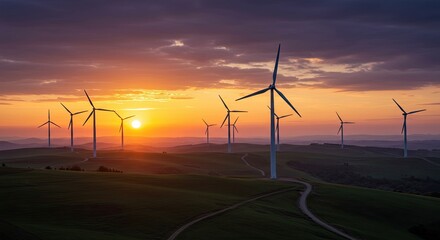 Wind Turbines on Green Hills at Golden Sunset with Dramatic Sky