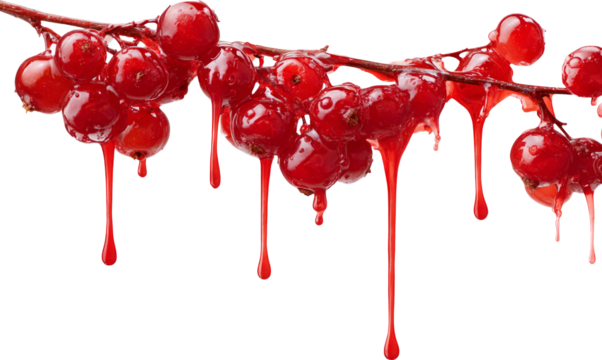 Juicy redcurrant berry fruit on branch, dripping with intense red liquid