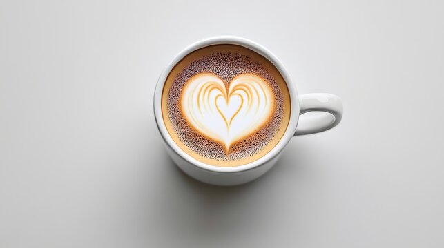 Beautiful Above View of a Cup with Creamy Foam and Valentine Latte Art in Aesthetic Cafe Setting