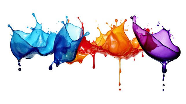 Vibrant multicolor paint splashes mixing blue red orange purple liquid motion isolated on white background