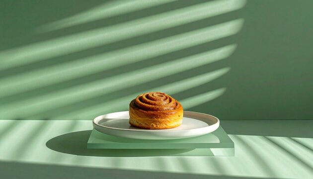 A single golden cinnamon roll on a white plate against a mint green background with dramatic striped shadows.