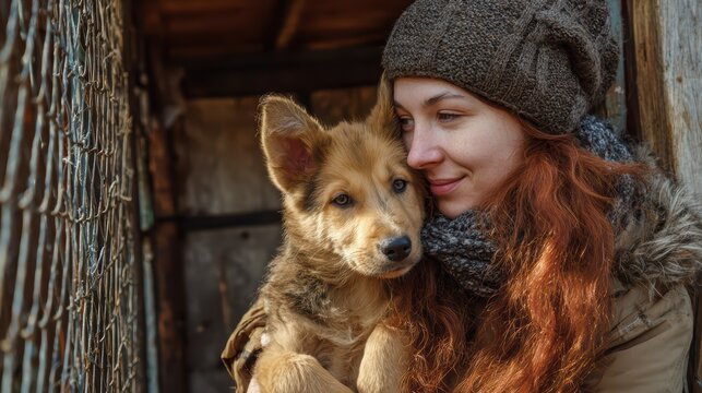 Compassionate Moment at Animal Shelter Female Volunteer Caring for Homeless Dog, Radiating Warmth and Empathy.