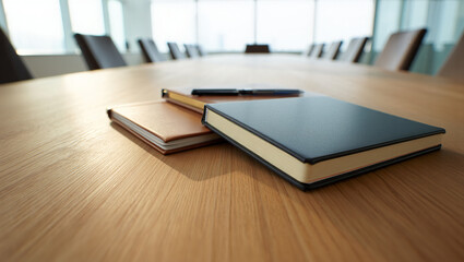 Two notebooks and a pen on a wooden conference table in a modern office