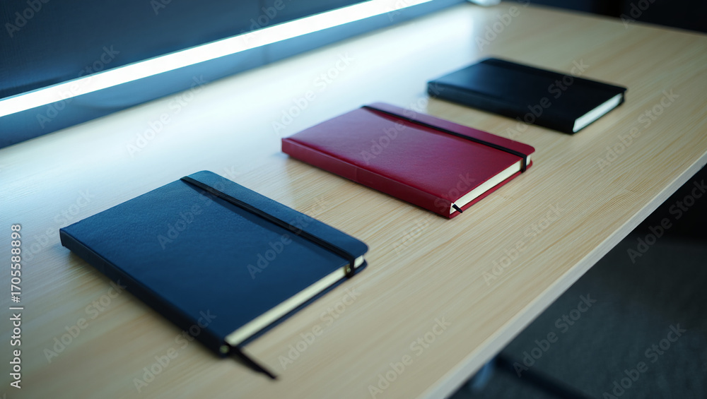Aufkleber three closed notebooks in different colors arranged on a desk