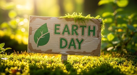 Earth day sign with a leaf icon, set in a lush green forest with sunlight filtering through the trees, celebrating environmental awareness