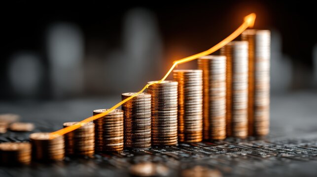 CloseUp Stack of Coins with Line Graph, Symbolizing Financial Growth and Statistical Rise, Ideal for Business Campaigns or Presentations Empowering Inspiration.