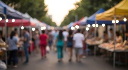 Obraz premium Blurred View of a Bustling Outdoor Market with People
