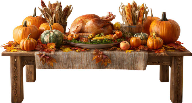 Festive thanksgiving dinner table with roasted turkey and pumpkin