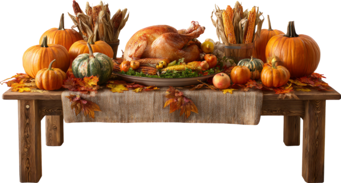 Festive thanksgiving dinner table with roasted turkey and pumpkin