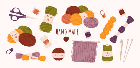 Yarn and threads, skeins of wool, for knitting and crocheting. Handmade hobby concept.