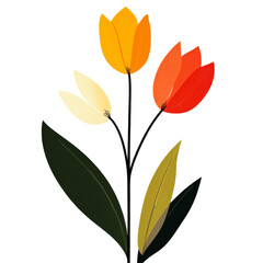 Bright minimalist bouquet with orange, yellow and cream tulip on dark stem conveying warm cheerful mood