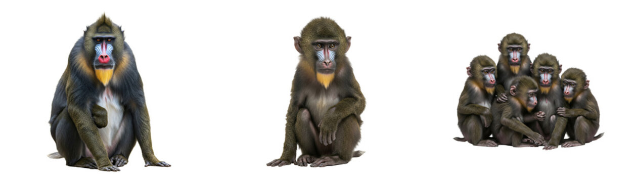 Vibrant mandrill family group showcasing striking facial colors and natural textures