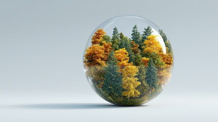 Autumn forest with green pine and golden trees inside transparent glass sphere isolated on gray background