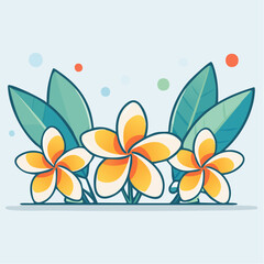 Three Frangipani Flowers with Green Leaves on Light Blue Background