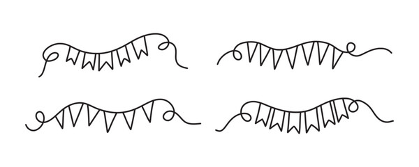 Festive garland decorative elements for different holidays, parties, for Birthday. Doodle bunting flags set. For festive design, decor, baby decorations. Set outline cute pennants party flags.