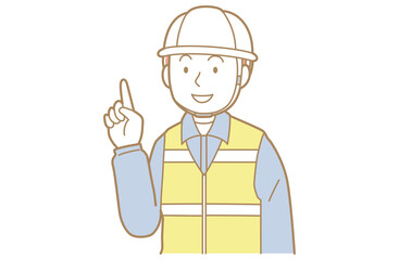 指差しをする作業着にヘルメット安全ベストの男性のイラスト