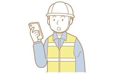 スマホを操作する作業着にヘルメット安全ベストの男性のイラスト