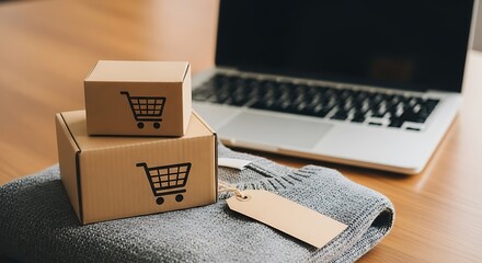 Cardboard boxes on sweater with tag and laptop shopping cart icon