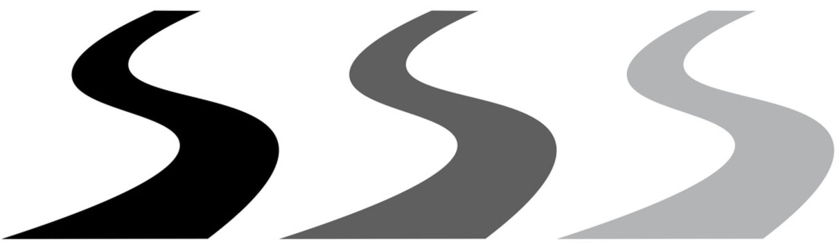 A set of three winding road illustrations in different shades of gray, from blackto light gray. The image represents a single curving path or journey.