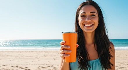 Smiling Woman Holding Orange Tumbler on Sunny Beach Vacation