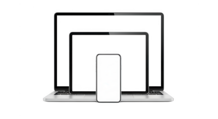 Laptop tablet and phone with blank screen isolated on transparent background