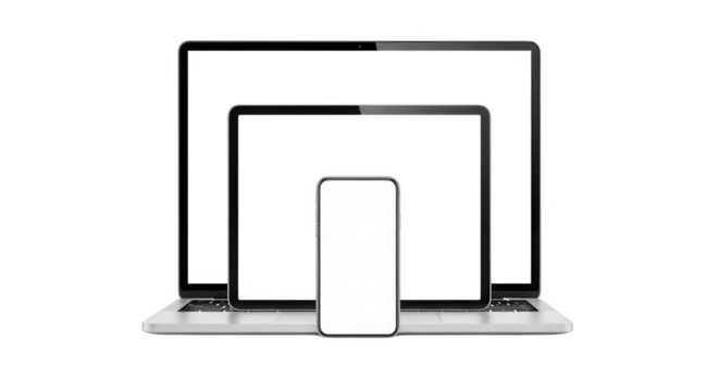 Laptop tablet and phone with blank screen isolated on transparent background