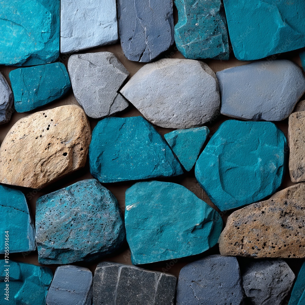 Poster stylish teal painted stone cladding with unique artistic patterns, adding depth and texture to walls