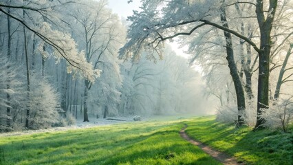 Winter wonderland scene with frosted trees and a path through a green meadow.