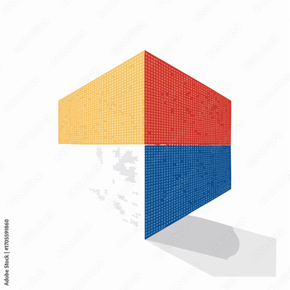 Poster abstract 3d cube with textured multicolored panels and disintegrating white panel with shadow