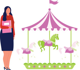 girl is standing near the horse cyclone swing