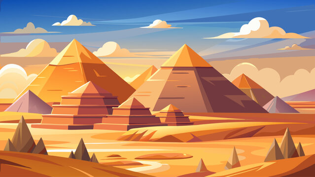 Pyramids of Giza in the desert of Egypt, ancient monumental stone structures built by pharaohs as tombs, symbol of Egyptian civilization and world heritage