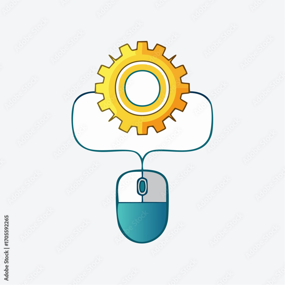 Poster visual representation of a digital process: a gear linked to a computer mouse indicating connectivit