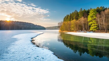 Scenic view of a lake surrounded by trees during the transition of seasons.