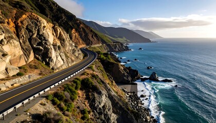 A coastal road snakes along a dramatic cliffside with ocean waves crashing below under a bright blue sky