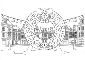 Fototapeta premium Christmas Wreath vector illustration showing a large festive wreath with bows bells and ornaments displayed in a decorated city square with buildings drawn in line art style