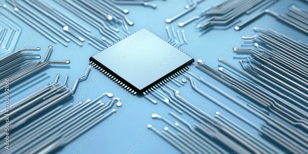 Poster close-up of advanced electronic microprocessor and circuitry on pale cyan background for technology