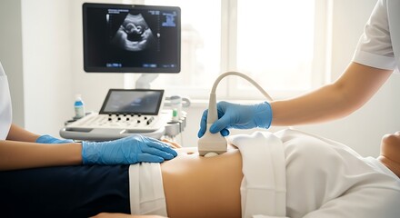 Medical ultrasound examination of abdomen pregnancy