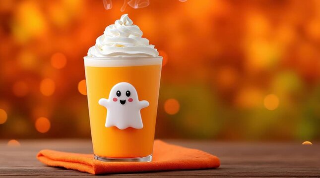 Halloween drink with magic whipped cream and ghost decor on orange background creating festive mood perfect for autumn celebration and cozy moments