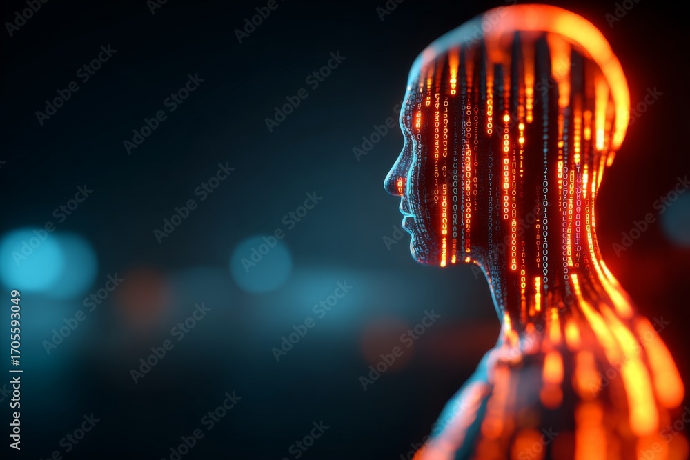 Poster human figure is rendered with binary code in digital art.
