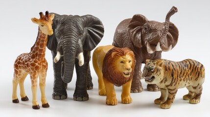 Vibrant Collection of Plastic Jungle Animals Toys on White Surface Perfect for Social Media Campaigns, Enhancing Creativity and Colorful Branding.