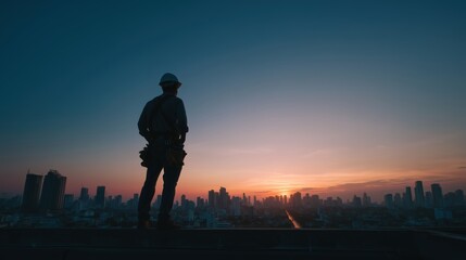 Fototapeta premium Construction worker silhouette on rooftop at sunset, industry and city skyline